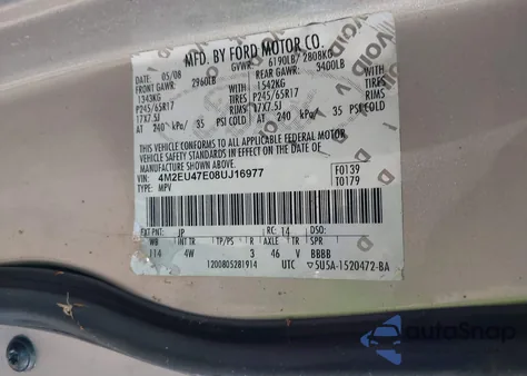 2008 Mercury Mountaineer Luxury из США, поврежденный, VIN 4M2EU47E08UJ16977